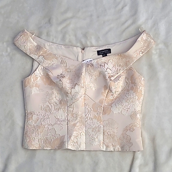 Metallic Jacquard Set: Off the Shoulder Crop Top and Flare Knee Length Skirt - Picture 6 of 9